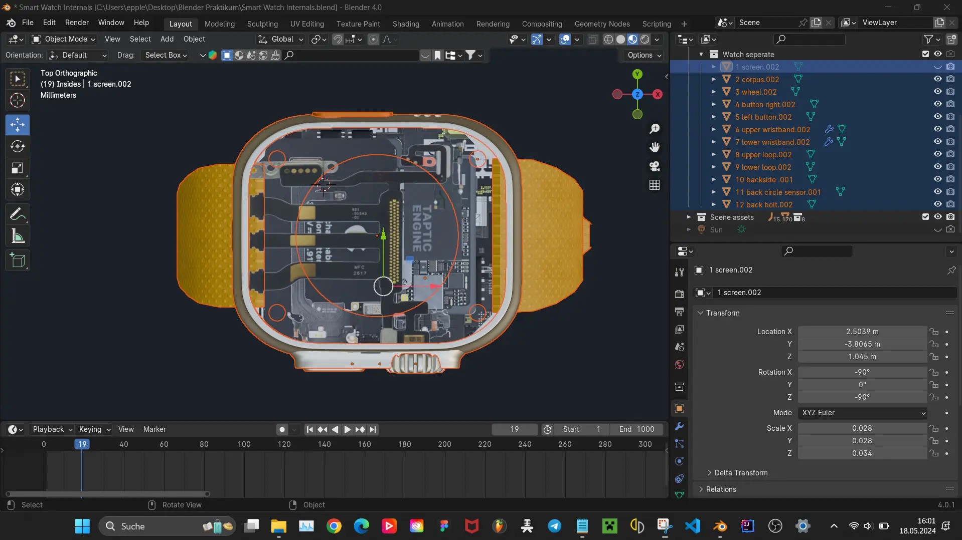 Zusammengebaute Apple Watch ohne Display