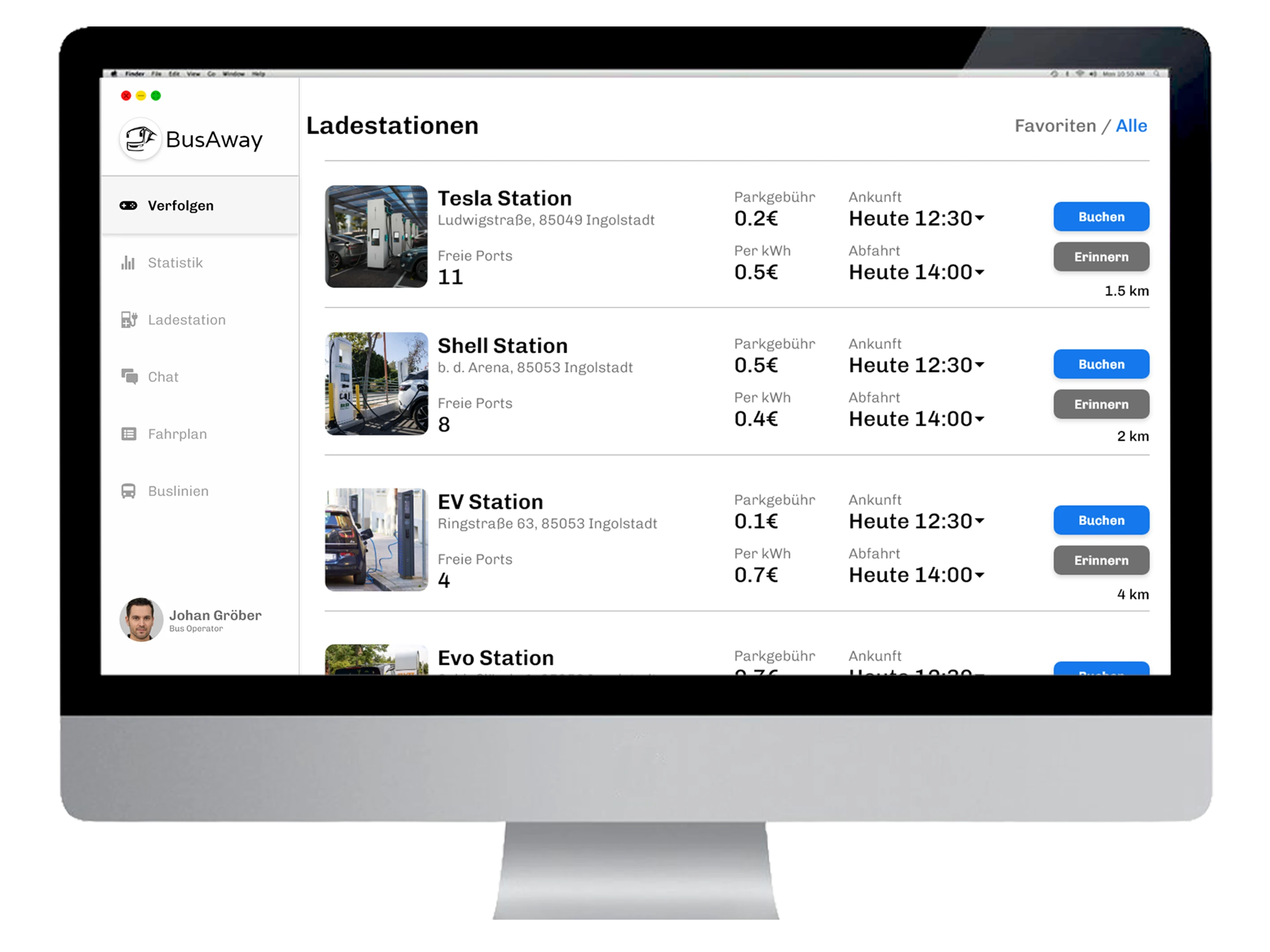 Ladestationsliste und Buchung